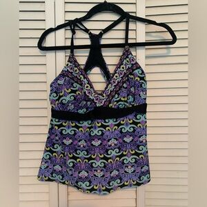 Beach Native purple, black, and turquoise colorful halter back tankini top.